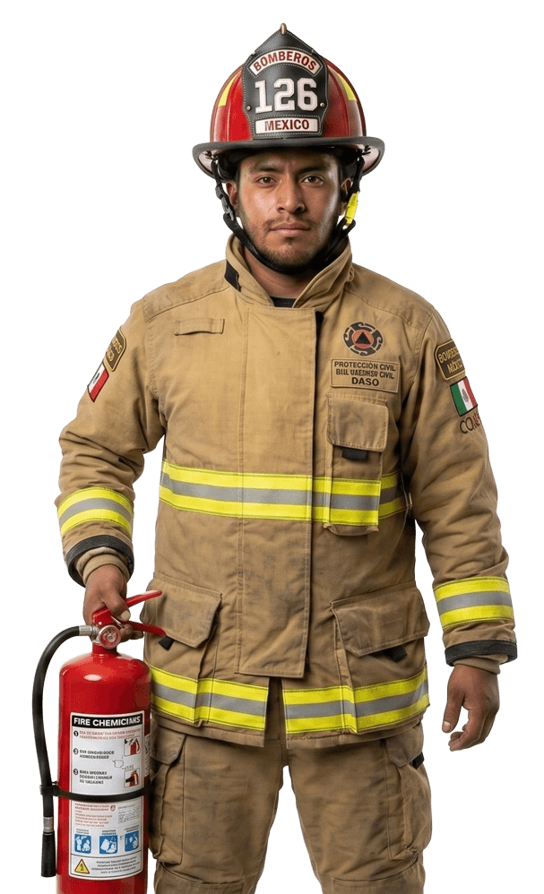 Venta y Recarga de Extintores en Edo. Méx. bombero mexicano en plano de retrato de cuerpo entero, mirando a la cámara contra un fondo blanco de estudio. Lleva equipo de protección personal completo de color caqui con franjas reflectantes y un casco rojo con el escudo 'BOMBEROS 126 MEXICO'. Sostiene un hacha en su mano derecha y lleva una manguera de incendios enrollada sobre su hombro izquierdo.